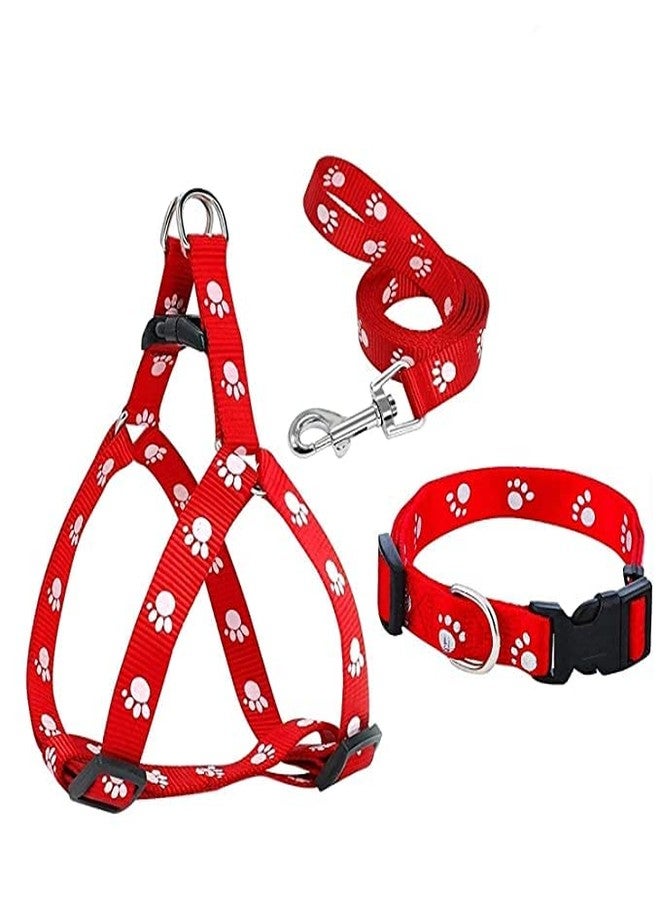Pups&Pets Combo of 3 Dog Paw Print Adjustable Harness Leash and Collar Set for Small Dogs and Puppies Collar + Harness + Leash (Red) - Image 1